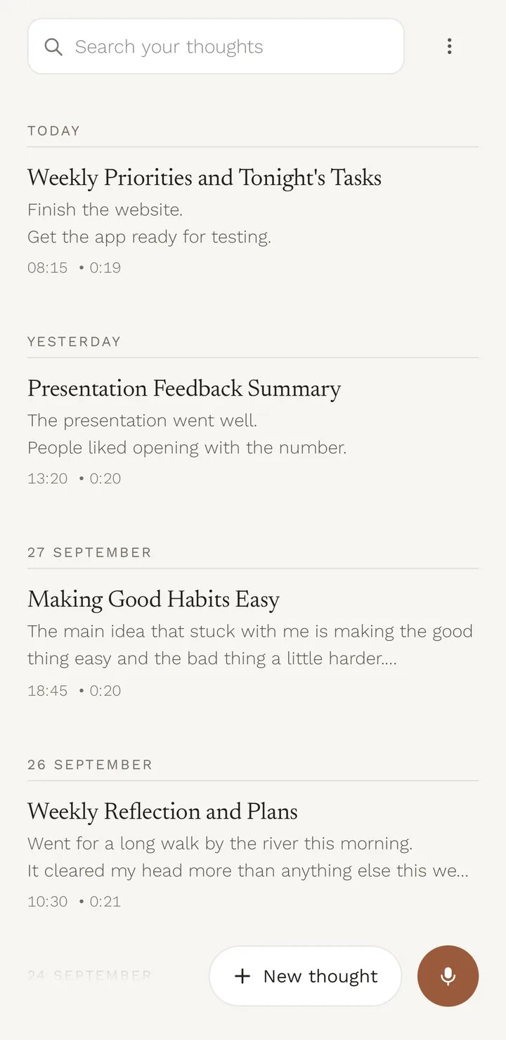 The Distil journal: notes grouped under Today, Yesterday, 27 September and 26 September, each with a title, a short preview, the time and the recording length.