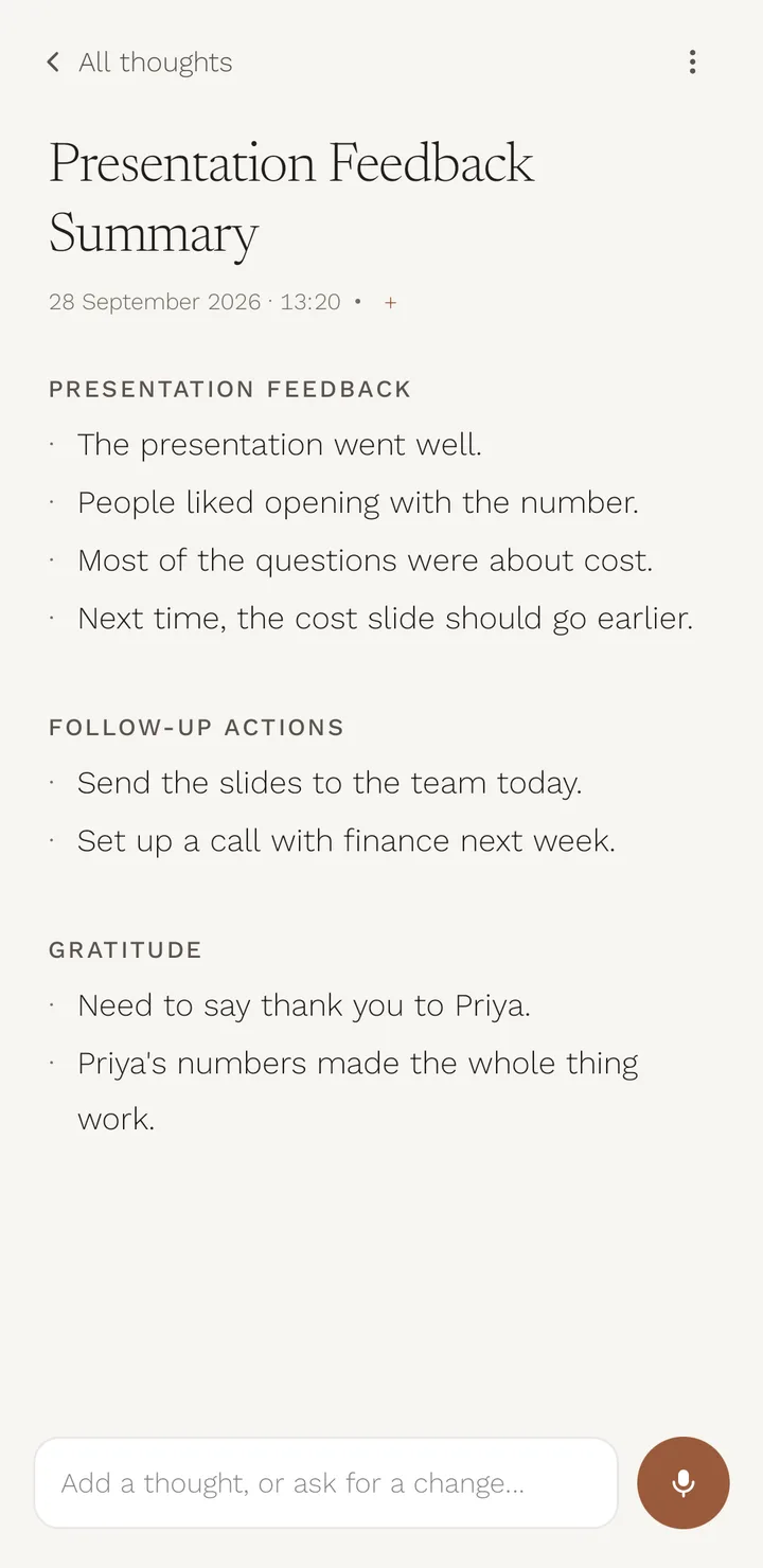 A Distil note titled “Presentation Feedback Summary”, organised into Presentation feedback, Follow-up actions and Gratitude.